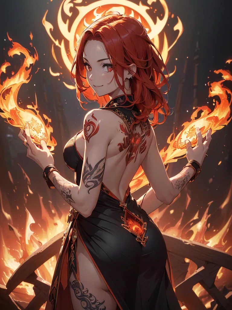 (((best quality, sharp image, clear image, cinematic lighting, 8k resolution, masterpiece, ultra detailed, intricate))) Girl, (((looking over left shoulder))), (shot from behind), fire mage, ((intricate background)), ((chaotic background)), red hair, smiling, ((flame runes, flame sigils)), (tatoo on back), slim figure, flying sigils, long dress