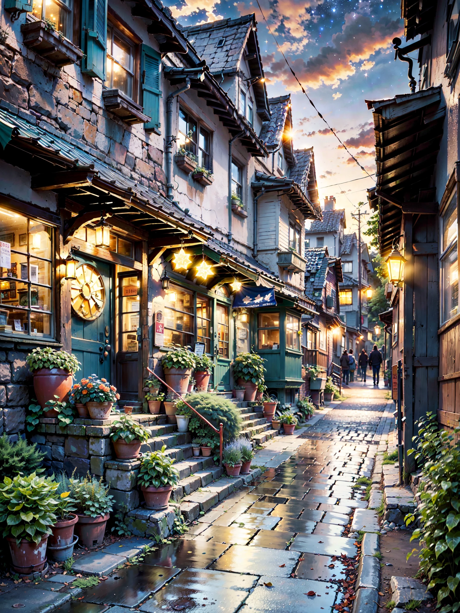 A picturesque street scene in a (quiet:1.3) Japanese town at (dusk:1.2), with a (vibrant:1.4) sky filled with (twinkling stars:1.3) and a (gradient sunset:1.2). On the left side, there's an (old:1.1) building with a (blue awning:1.2) and (illuminated:1.3) storefront signs, casting a (warm glow:1.4). The building features (detailed:1.3) textures with (visible wear and tear:1.2). Across from it, a (steep:1.2) set of (stone steps:1.2) leading up to more (quaint:1.2) buildings. The steps are lined with (overgrown plants:1.2) and (vintage:1.1) street lamps casting a (soft light:1.3). The scene is enhanced by (vivid colors:1.3) and (intricate details:1.2), creating an (atmospheric:1.4) and (nostalgic:1.3) feel. (No people:1.6) are present, maintaining a serene and (undisturbed:1.2) ambiance.