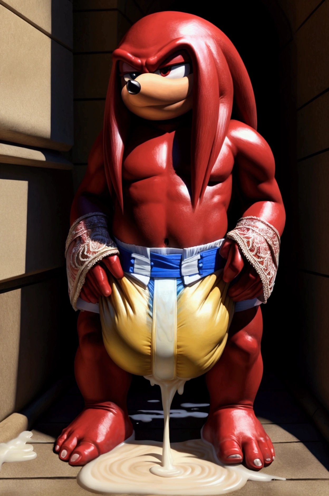 Knuckles the echidna, huge penis, huge balls, cum, puddle of cum, loads of cum, body covered in cum, wearing piss filled diaper