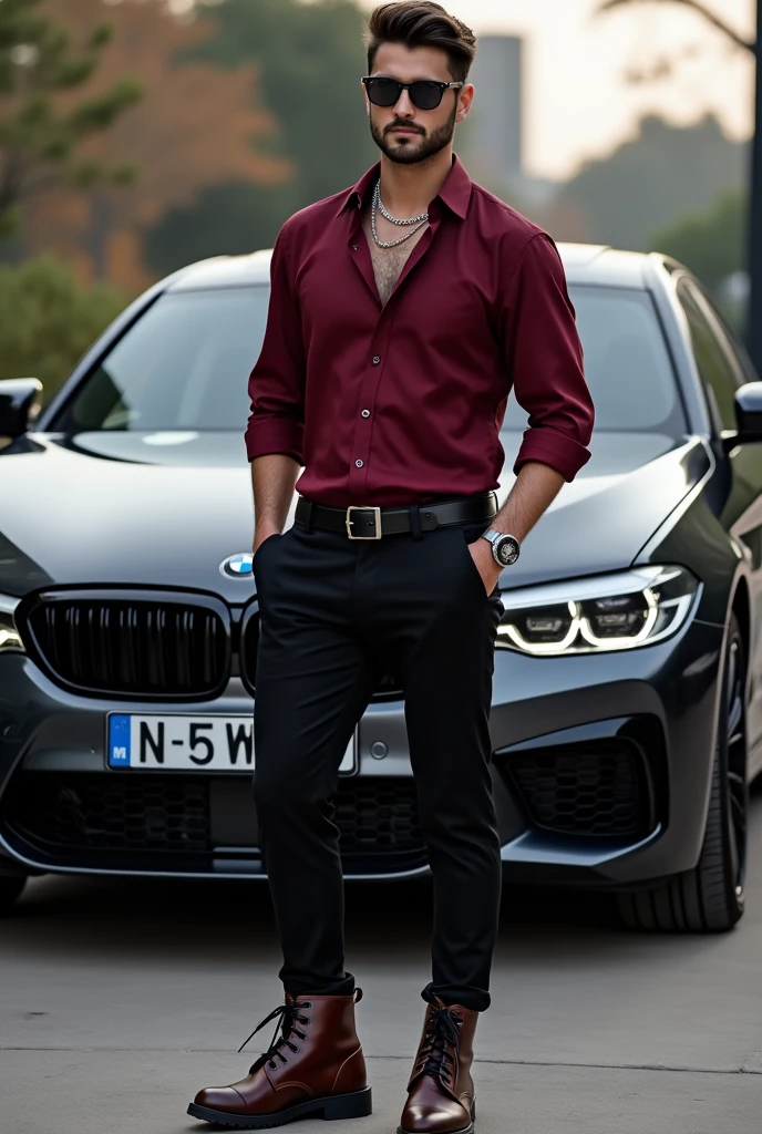 Generate a image in front of bmw m5 f90 car in marron(dark red ) shirt tugged in with black trousers with a nice black belt with silver Daytona Rolex watch wearing brown boots with silver chain in the neck. With Black bike shoes