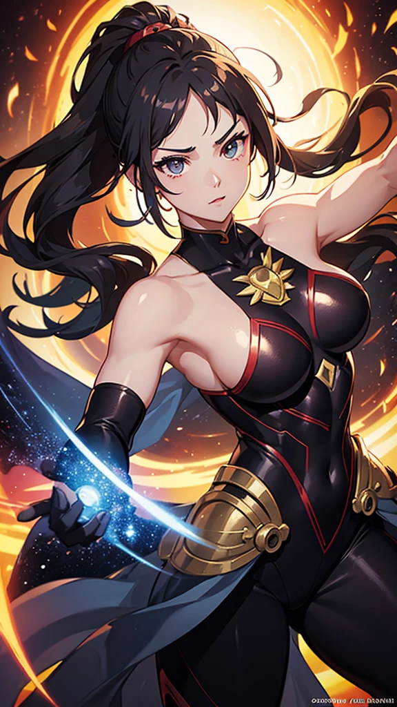 top-quality、Top image quality、​masterpiece、girl with((sixteen years old、 ager、cute little、Best Bust、big bast,Beautiful blue eyes、Breasts wide open, Dark hair、red hairs、Longhaire、A slender,Large valleys、,Black underwear、A smile、floating state、blue cloak、Black wristband、bare-legged、holding bow and arrow、Hachimaki)),hiquality、Beautiful Art、Background with((space night sky、spaceships、mid air)))、,masutepiece、visualart、depth of fields、
