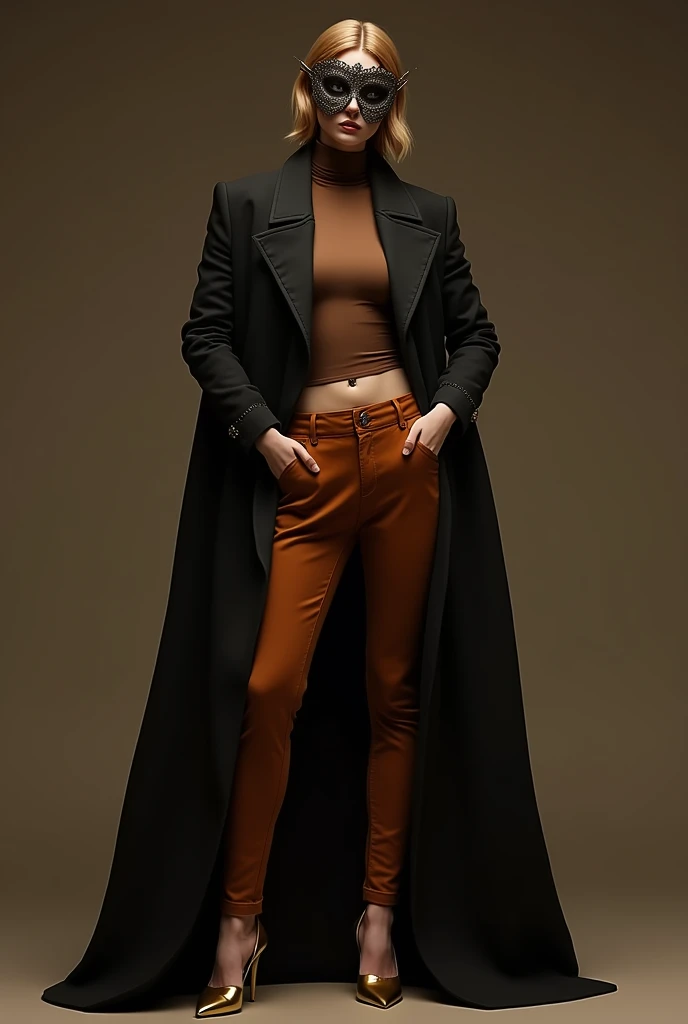 Men&#39;s formal wear for a masquerade ball, brown turtleneck blouse, very tight, defining the abdomen, a jacket in warm dark tones, on top a long black coat with flowing fabrics, dark dress pants in warm tones, gold dress shoes and men&#39;s accessories. 