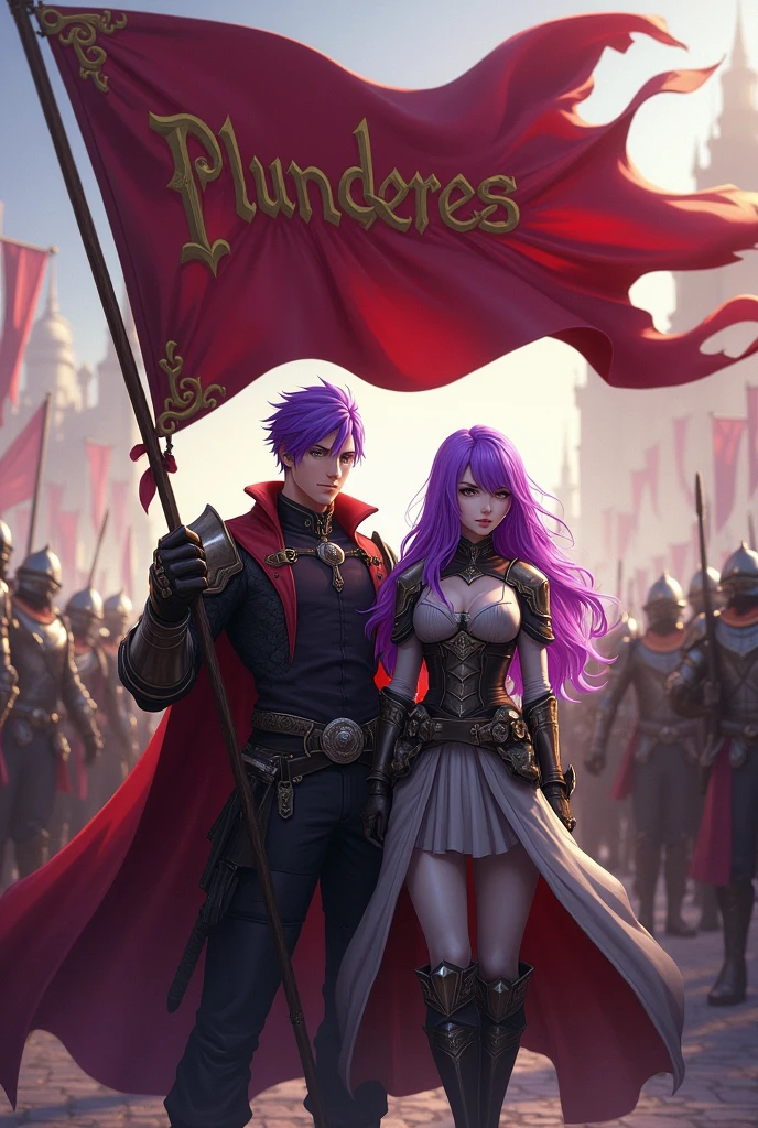 A purple haired man and a purple haired woman leader of a guild, holding the flag with the word Plunderes in his hands and behind him his army of warriors