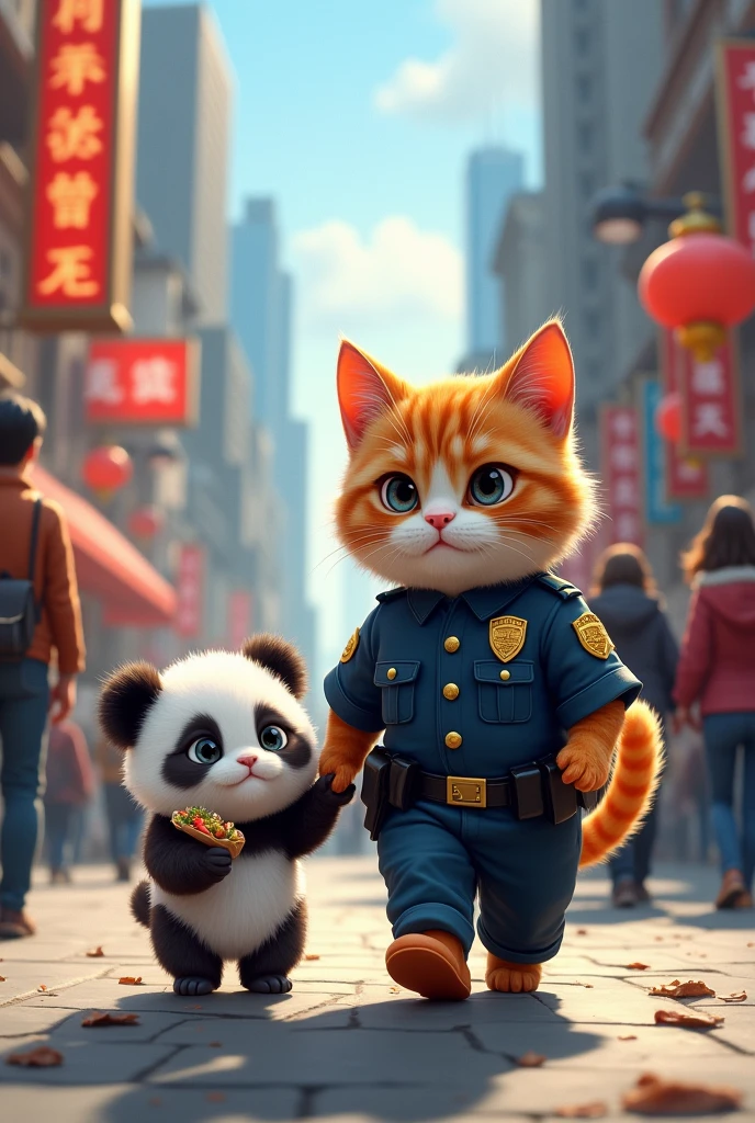 police cat takes baby panda out to eat