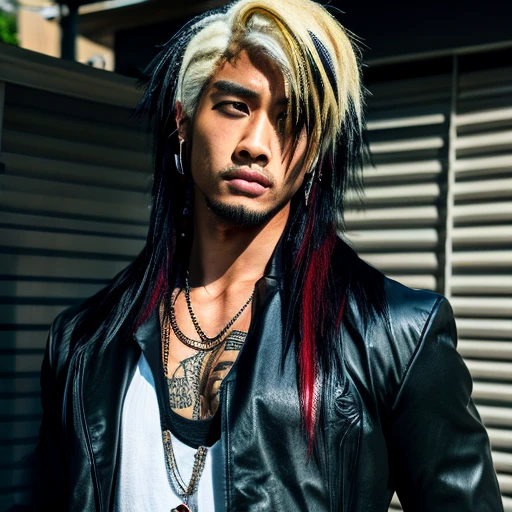 1 man, Japanese man, male, Asian eyes, muscular, broad shoulders, yakuza tattoos, hairstyle Visual Kei style, hair Visual Kei, black men's shirt and black pants, ultra detailed face, hyperrealistic, realistic representation, long hair, long hair, 30 years old, age 30 years, blonde hair, full body view 