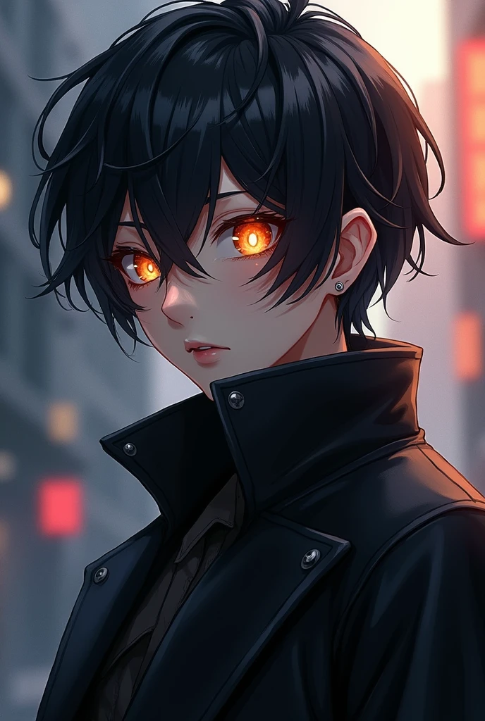 Character with slightly messy black hair, vibrant orange eyes, black overcoat. anime dash