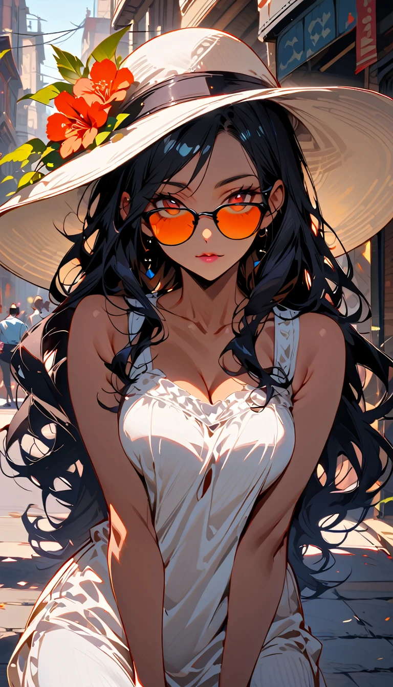 Anime woman, black hair, white highlights, light tan skin, yellow eyes, white sundress, sun hat, glasses, black nail polish, pouting