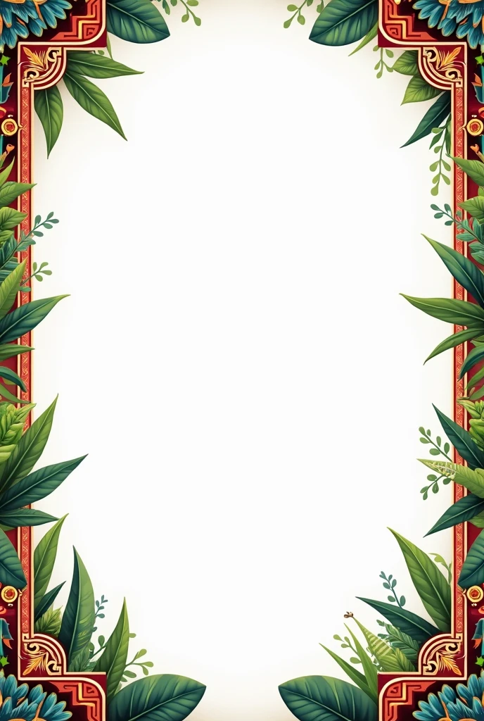 Make me a wide and thin canvas, WITH WHITE BACKGROUND, decorated on the edges with tribal theme, colorful and with vegetation