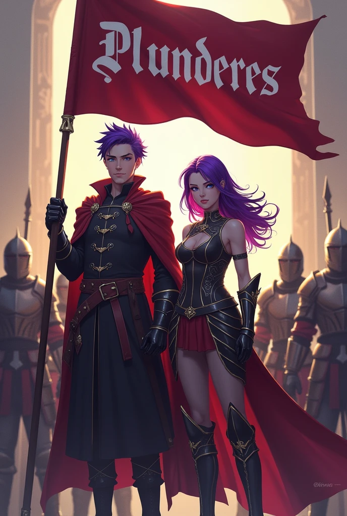 A purple haired man and a purple haired woman leader of a guild, holding the flag with the word Plunderes in his hands and behind him his army of warriors