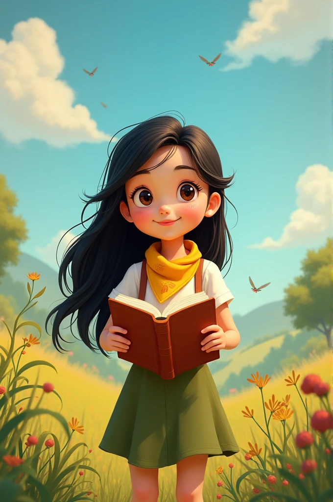 Disney cartoon image of a young girl with an olive green skirt, a white short-sleeved shirt, a yellow bandana around her neck, and a book in her hand, black hair