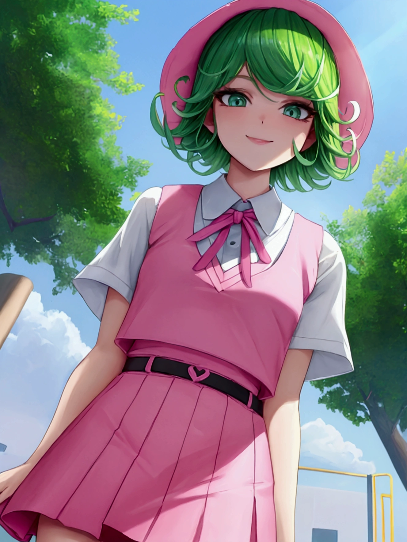 (high res, 8K, masterpiece, looking at viewer, best quality, very aesthetic, ultra detailed, ultra background, ultra Eyes) intricate details, 1girl, Tatsumaki, Chibi, short sleeved white shirt, pink vest, Pink short skirt, Pink bucket Hat, Pink tie ribbon, Wearing a belt, green short hair, green eyes, Smile Face, Background Playground, Cinematic Angle