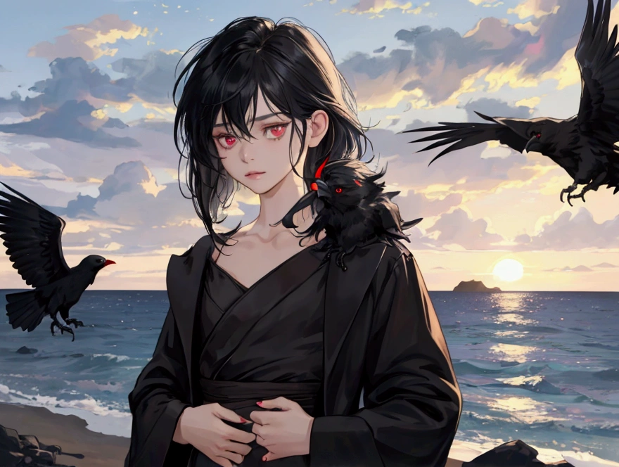 NSFW, short boy, feminine small shotacon, holding crow pet, small fragile body, black fur-lined clothes hanging on the shoulder, little to no clothes (showing core body), black hair, very messy mullet hair, bangs, shining crimson eyes, masterpiece, 8k, photorealistic, chiaroscuro lighting, dramatic shadows, cinematic composition, coast background, wearing black short, sharp black nails
