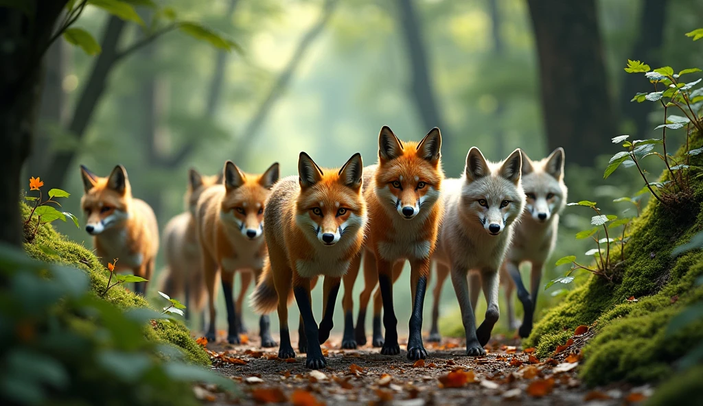 several FOXES and wolves walking together in the forest