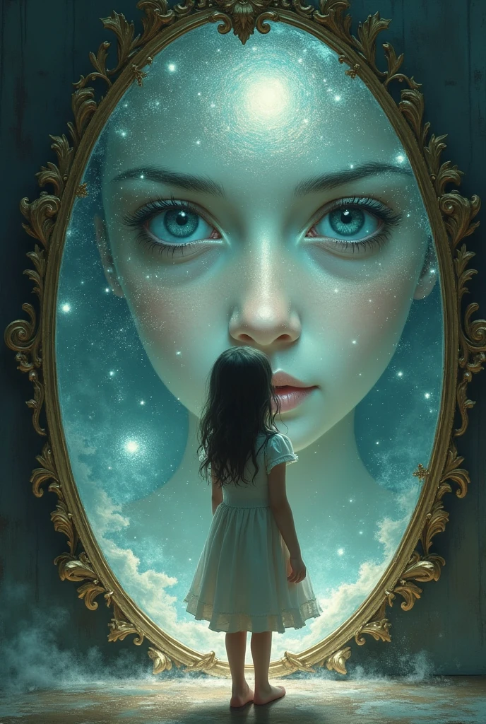- A large mirror with a complex reflective surface, may see strange images or unusual sights.
- mirror world mirror, with clearly distinct elements.
-Draw a girl standing in front of a mirror, with a look of discovery and tension.