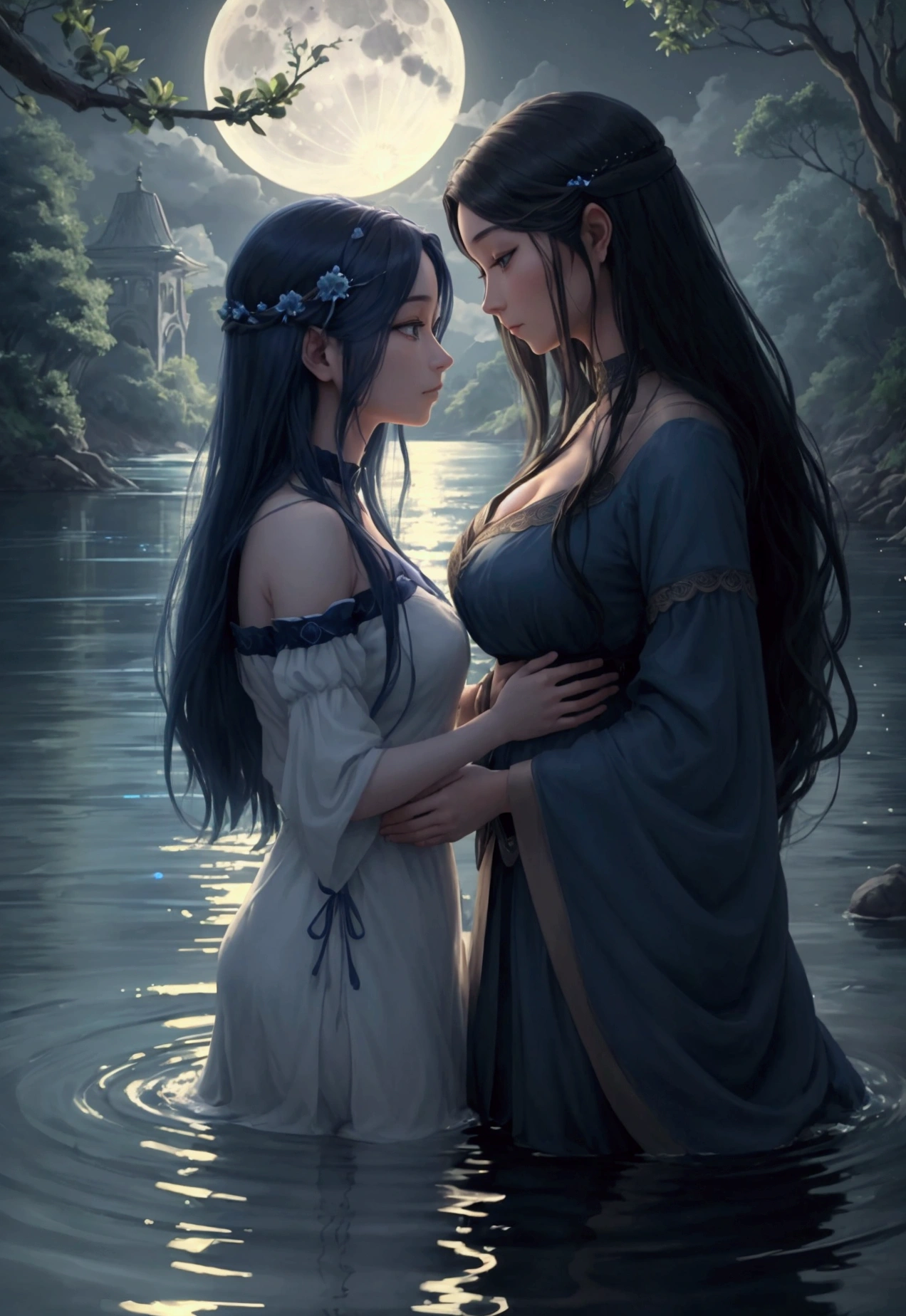Create a serene nighttime scene under a full moon with a couple standing at the edge of a tranquil, sapphire-blue river. The river emits a gentle, mysterious glow. Emerging from the water is a luminous female figure with long, flowing hair that seems to merge with the river itself. Her eyes mirror the deep blue of the water, and she exudes an aura of calm and wisdom. The couple gazes at her in awe, feeling a profound sense of peace and hope. The landscape is lush and natural, with the bridge in the background and the river’s gentle current reflecting the moonlight.