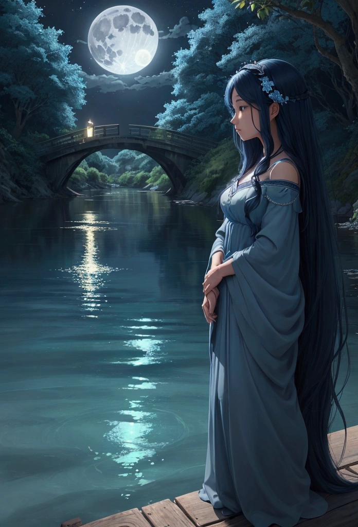 Create a serene nighttime scene under a full moon with a couple standing at the edge of a tranquil, sapphire-blue river. The river emits a gentle, mysterious glow. Emerging from the water is a luminous female figure with long, flowing hair that seems to merge with the river itself. Her eyes mirror the deep blue of the water, and she exudes an aura of calm and wisdom. The couple gazes at her in awe, feeling a profound sense of peace and hope. The landscape is lush and natural, with the bridge in the background and the river’s gentle current reflecting the moonlight.