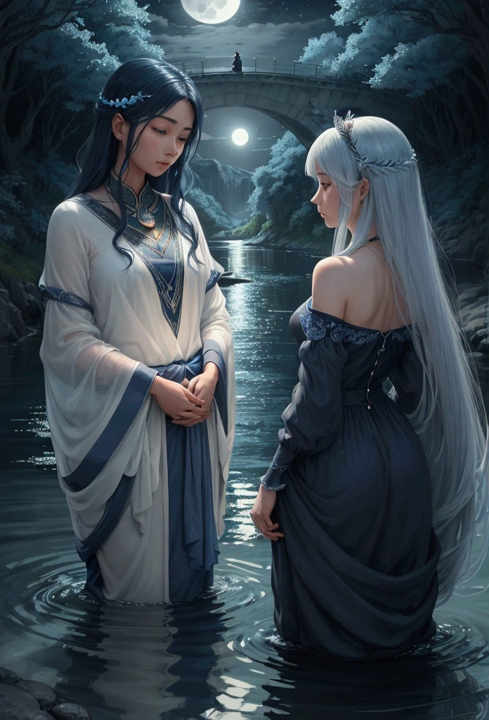 Create a serene nighttime scene under a full moon with a couple standing at the edge of a tranquil, sapphire-blue river. The river emits a gentle, mysterious glow. Emerging from the water is a luminous female figure with long, flowing hair that seems to merge with the river itself. Her eyes mirror the deep blue of the water, and she exudes an aura of calm and wisdom. The couple gazes at her in awe, feeling a profound sense of peace and hope. The landscape is lush and natural, with the bridge in the background and the river’s gentle current reflecting the moonlight.