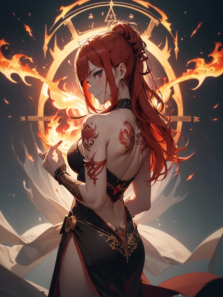 (((best quality, sharp image, clear image, cinematic lighting, 8k resolution, masterpiece, ultra detailed, intricate))) Girl, (((looking over left shoulder))), (shot from behind), fire mage, ((intricate background)), ((chaotic background)), red hair, smiling, ((flame runes, flame sigils)), (tatoo on back), slim figure, flying sigils, long dress