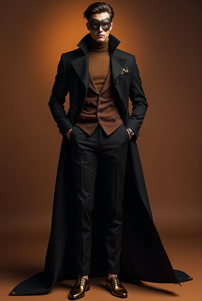 Men's formal wear for a masquerade ball, brown turtleneck blouse, very tight, defining the abdomen, a jacket in warm dark tones, on top a long black coat with flowing fabrics, dark dress pants in warm tones, gold dress shoes and men's accessories. MEN'S CLOTHING, in a man