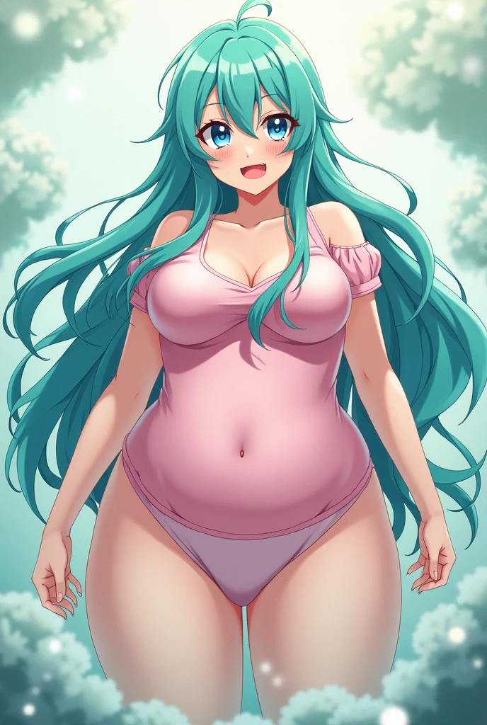 anime art style, 2d, masterpiece, best quality, very aesthetic, absurdres, dynamic shadows, atmosferic, lucoa_md, (1girl), (blonde hair), long hair, (gradient hair), green hair, blue hair, heterochromia, green eye, yellow eye, ahoge, hair between eyes, bangs, big breasts, cleavage, curvy body, collarbone, makeup, blush, (ahegao), tongue, (saliva), horns, hat, pink baseball cap, nightgown, lace-trimmed nightgown, (see-through), covered nipples, covered pussy, sexy smile, (cowboy shot), wariza, hands on own breasts, (from below), beach, clouds, sky