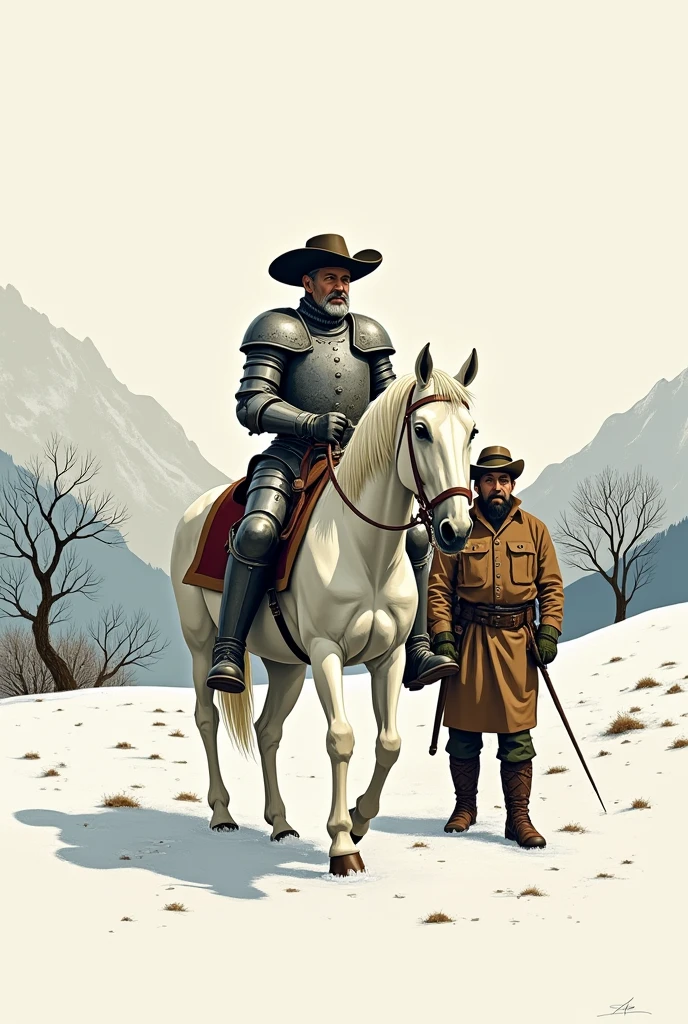 uma ilustração bem simples de Don Quixote com sua armadura de ferro e cavalo branco e Sancho Panza em suas aventuras em um ambiente que esteja no inverno, mas suas roupas sejam classicas