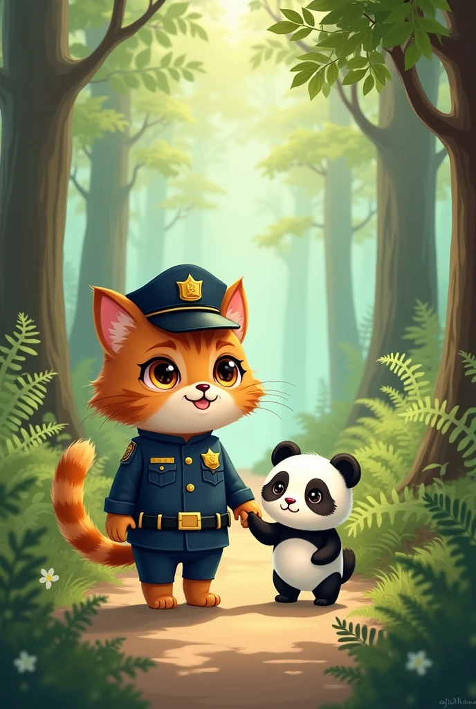 Police cat leads panda back to the forest with mom