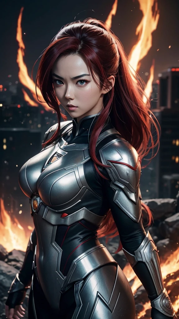 Jessica Henwick, Female Superhero Martial Artist, Long Red Hair, Black and Silver Armored Superhero Suit, Detailed Face, Beautiful Face, Upper Body View Portrait, Anime Eyes, Lean Female Body Physique, Toned Female Muscle, Female Body Shape, Fit Female Body, 4KUHD quality, 1080i, 1080p, Cinematic Quality, Dramatic Lighting, Bokeh, Unreal Engine 5, Cel Shaded Style, Surrounded by Cosmic Fire, Anime Asthetic, DBZ Asthetic, Studio Ghibli Asthetic, Urban City Background, Tekken Asthetic 
[DreamGlow (NEW)]