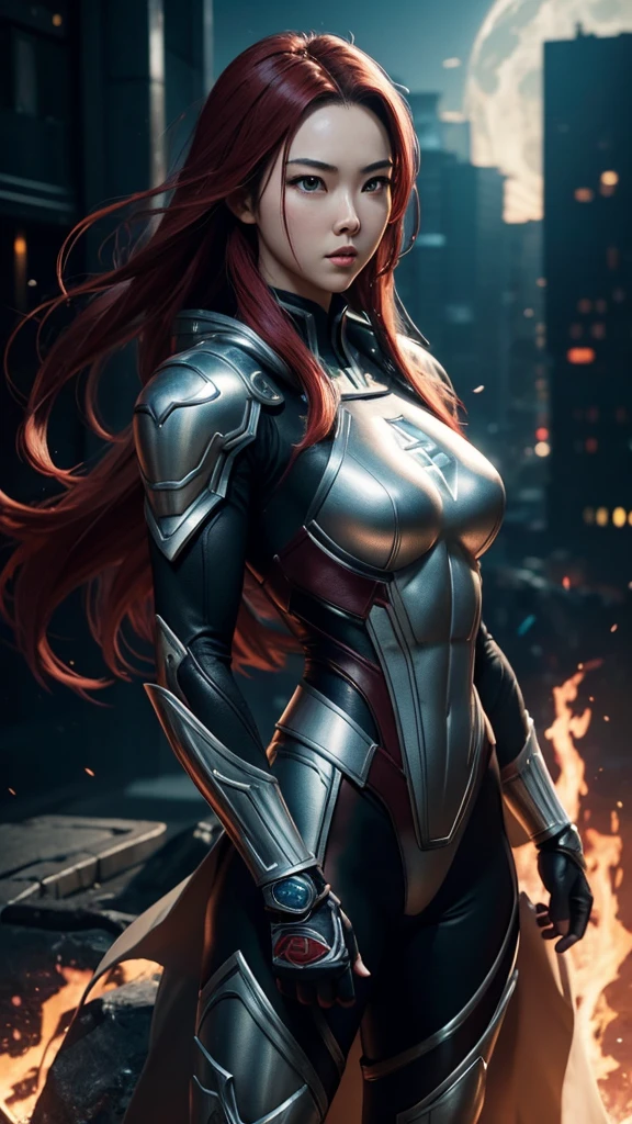 Jessica Henwick, Female Superhero Martial Artist, Long Red Hair, Black and Silver Armored Superhero Suit, Detailed Face, Beautiful Face, Upper Body View Portrait, Anime Eyes, Lean Female Body Physique, Toned Female Muscle, Female Body Shape, Fit Female Body, 4KUHD quality, 1080i, 1080p, Cinematic Quality, Dramatic Lighting, Bokeh, Unreal Engine 5, Cel Shaded Style, Surrounded by Cosmic Fire, Anime Asthetic, DBZ Asthetic, Studio Ghibli Asthetic, Urban City Background, Tekken Asthetic 
[DreamGlow (NEW)]