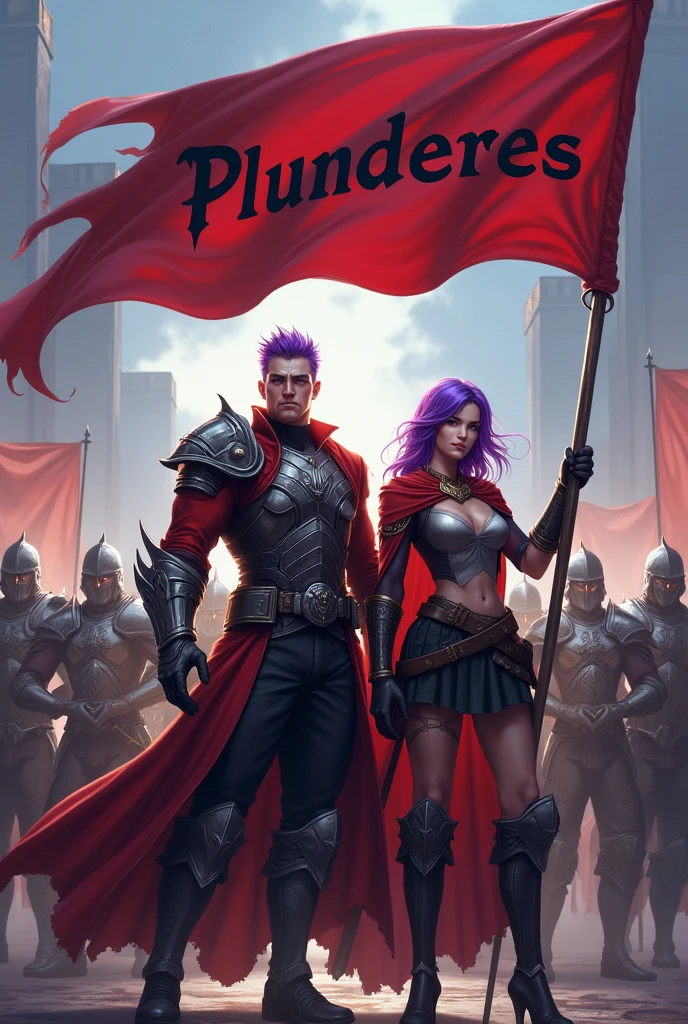 A purple haired man and a purple haired woman leader of a guild, holding the flag with the word Plunderes in his hands and behind him his army of warriors 