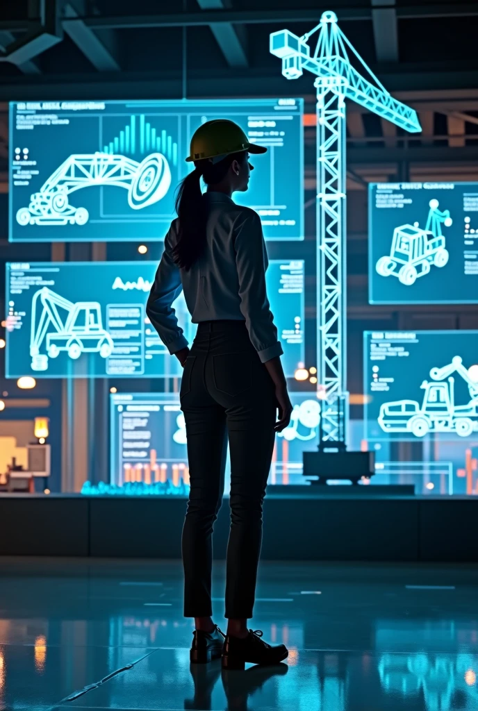 young woman from behind, with hologram of construction projects, lifting machinery, personnel control