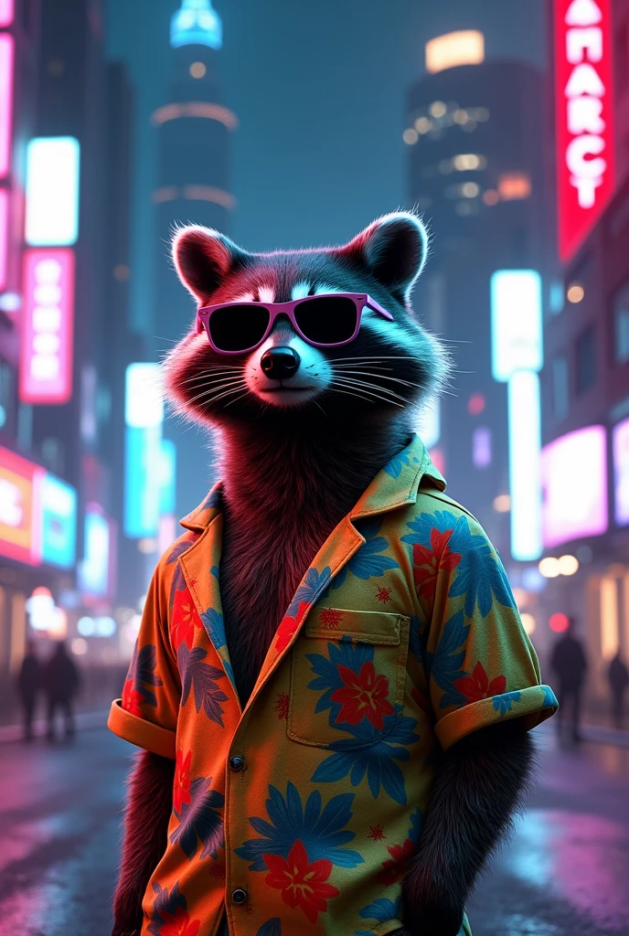 Adult Raccoon, with Hawaiian shirt, sunglasses, city with led, night, cyberpunk