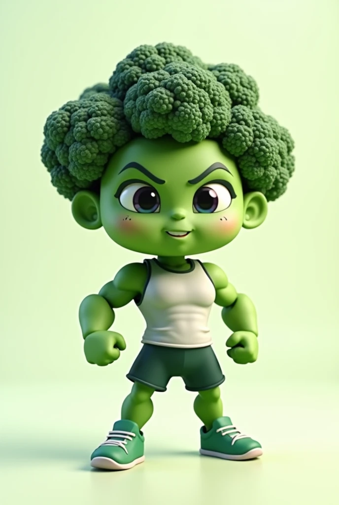 transparent background with a 3d muscular chibi broccoli in gym clothes in front
