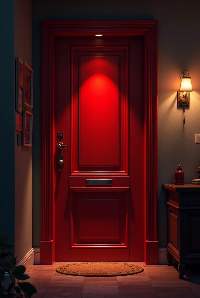 A red door inside the house at night