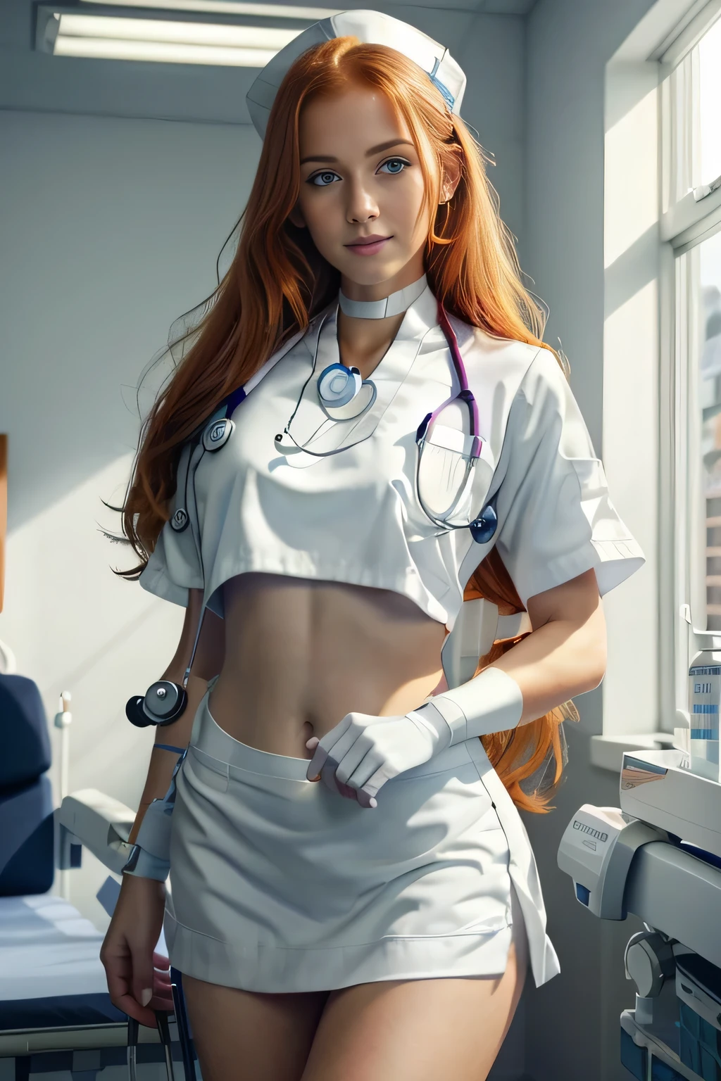 (((foto hd))), ultra high resolution.photorrealistic:. 1.4, ultra HD, work of art, trends on ArtStation, portraite, upper-body shot, 1 girl, bonitas, cute face, mais bonitas do mundo, neckleace, soft, dainty, (long redhead hair), athletic figure, (wearing white medical uniform:1.8), regatta, holding the stethoscope:1.4, medical fetish, exam, sun-kissed, bright sunny, hospital ward background, SFW