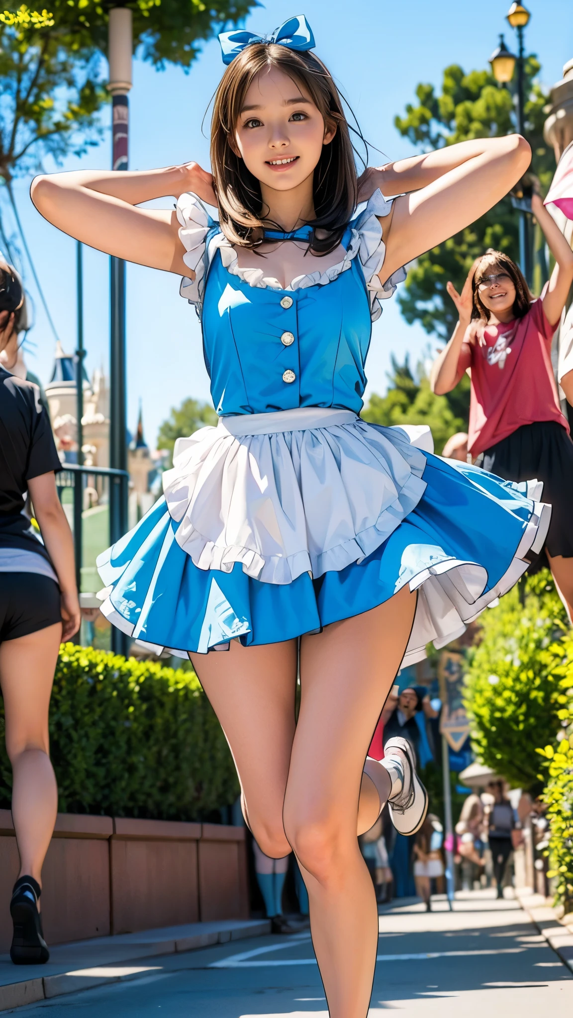 nerd girl、(Having a blast dressed up as Alice in Wonderland)、Droopy eyes:1.4、Big round eyes、Joy、Active pose、((Raise your arms and jump))、Very thin thighs、Very long legs、Filmed at Disneyland