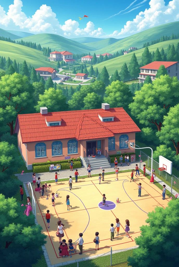 A school with classrooms and a sports playground in nature and they are celebrating an anniversary or a party but the school is one story and the playground is made of cement ,and it is next to a town the school