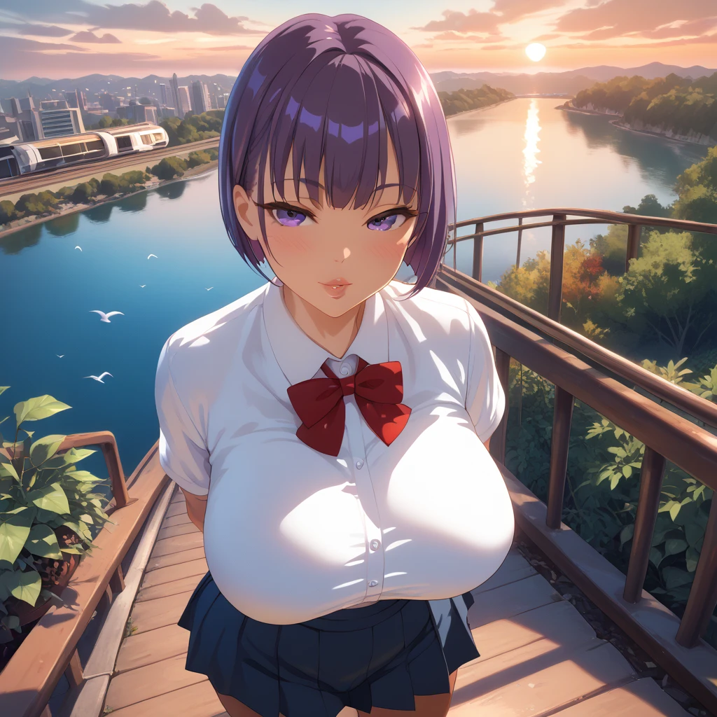 (SFW), 1 female, really short, tanned, round face, ear piercings, front view, high pov angle, plump lips, large open mouth, tongue out, perverse face, round face, detailed face, short purple hair, bowl cut, bangs, big purple eyes, full lidded eyes, puckered lips, toned midriff, hands behind back, breath mist, navel piercing, red head band, pink g-string, black t-shirt, cleavage, under boob, clothes stretch, realistic black fabric, black choker, mini skirt, skin tight clothing, extremely flushed face, massive breasts, slim waist, cinematic lighting, volumetric lighting, sunset, leaves falling in background, birds in sky, detailed city background, on a bridge, warm hues,train tracks in background, plants