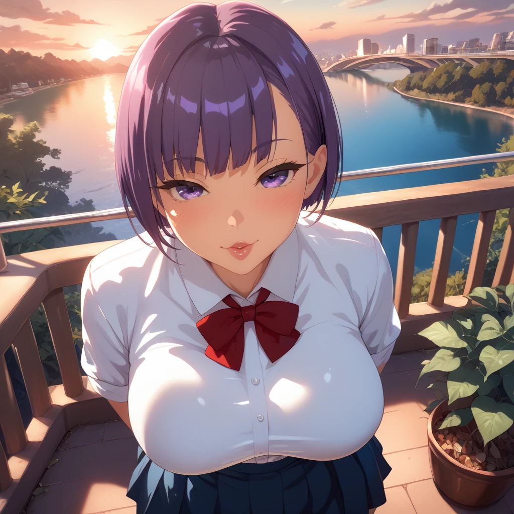 (????), 1 female, really short, tanned, round face, front view, pov angle, high angle, plump lips, perverse face, round face, detailed face, short purple hair, bowl cut, bangs, big purple eyes, full lidded eyes, puckered lips, hands grabbing ???????, breath mist, school uniform, white shirt, clothes stretch, realistic fabric, red ribbon, short blue skirt, skin tight clothing, extremely flushed face, massive ???????, slim waist, cinematic lighting, volumetric lighting, sunset, leaves falling in background, birds in sky, detailed city background, on a bridge, warm hues,train tracks in background, plants