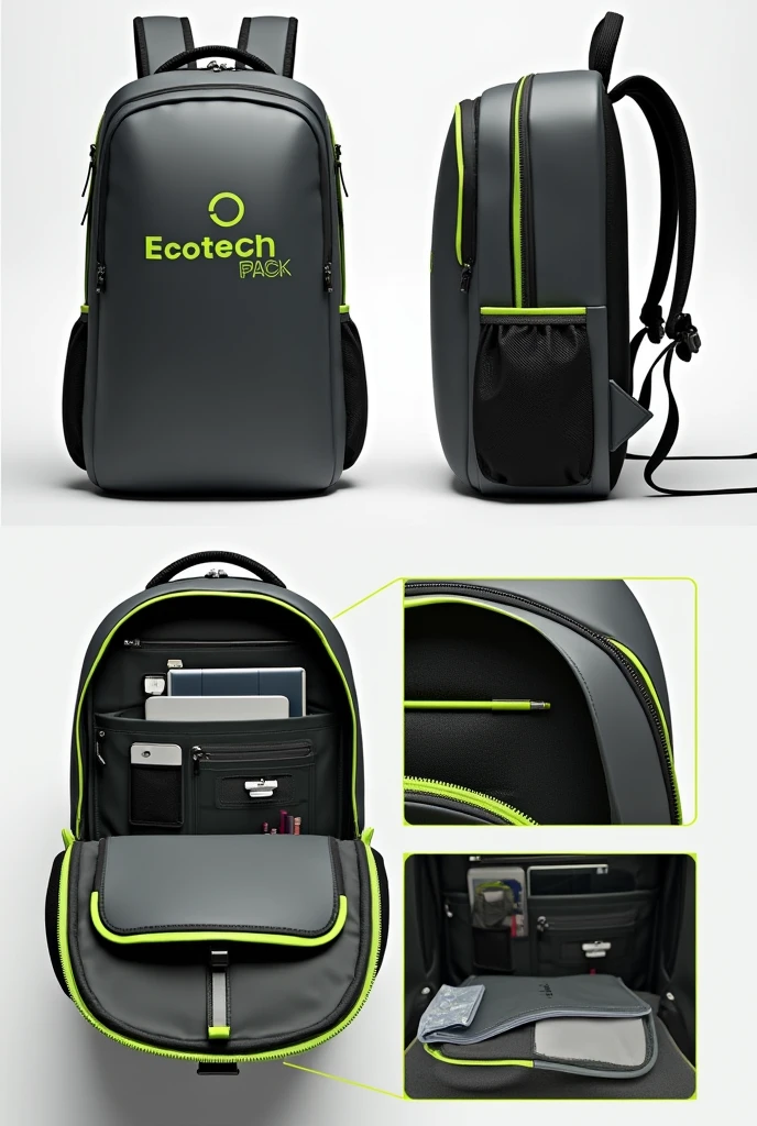 Design a dark grey backpack with neon edges. Name "EcoTech Pack" must be green inside with no visible logo. The backpack will not have side pockets, focusing on internal functionality. Includes a padded computer compartment in the back, Individual slots for pencils and markers with a cutter, and document pockets on the inner walls. Finally, Create a collage showing four images of the interior, highlighting how they are organized