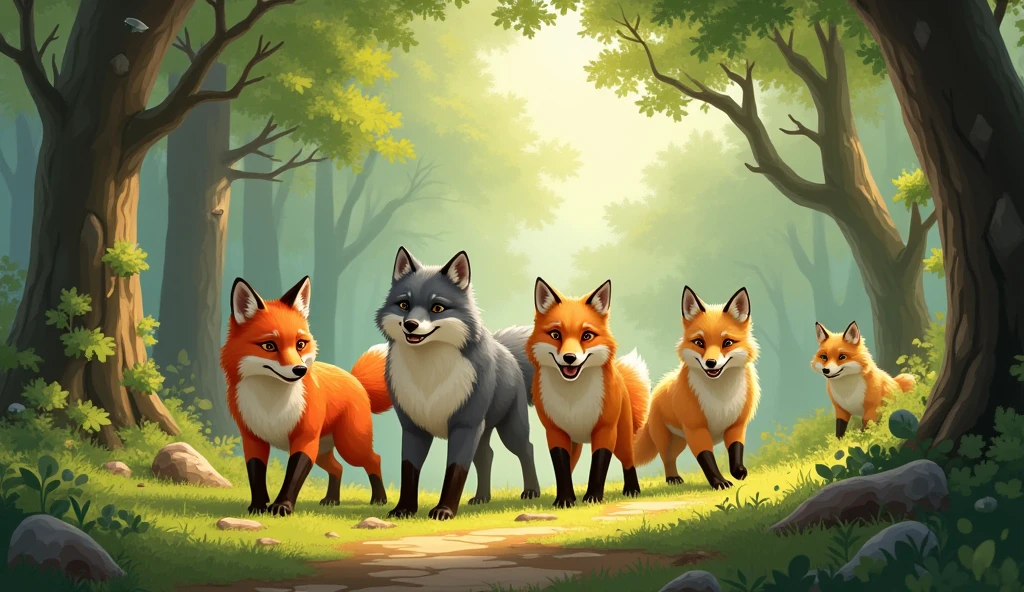 several FOXES and wolves walking together in the forest smile