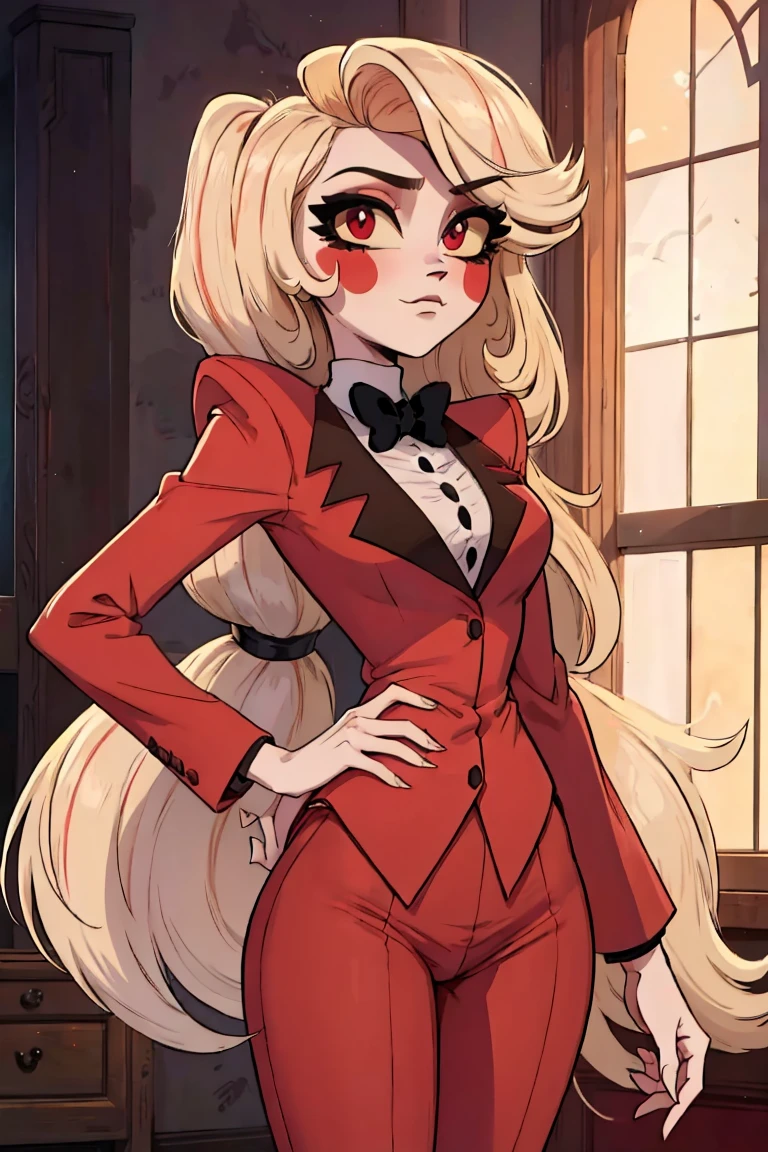 ass, ass focus, Charlie, pretty girl, cute face, sparkling eyes, sweet expression, soft smile, looking at viewer, lovely,kawaii background,  redSuit, White skin, rosy cheek, blonde ankle-length hair,  twice-banded ponytail with two black hair ties,eyes with light yellow sclera, red pupils, s 
red tuxedo-jacket with darker-colored lapels, high-collared white untucked dress-shirt with small black buttons on the upper-front, small black bowtie and black suspenders over her shoulders, dark red dress pants, medium-heeled white saddle shoes, (masterpiece:1.2), (cowboy-shot:1.2), dark romantic lighting, (highly detailed:1.2), (detailed face:1.2), ass, (full-body shot:1.2), (gradients), colorful, detailed eyes, (natural lighting:1.2), (solo:1.2),