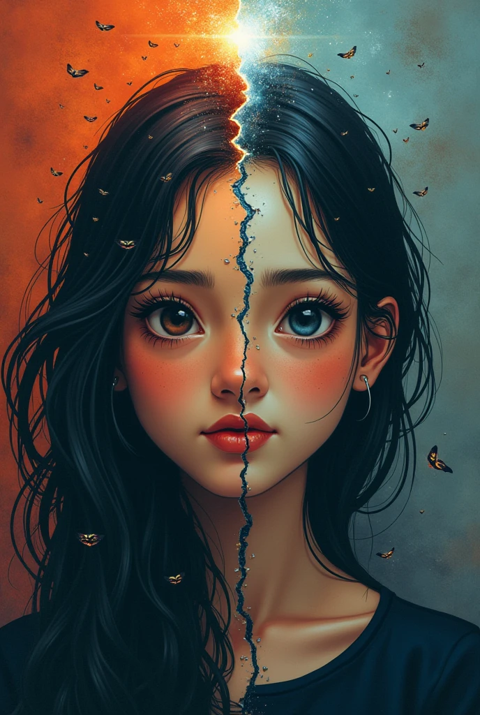 image with a background divided into two parts. On one side, a person looks happy and confident, while on the other, the same person has an expression of doubt and distrust. Among them, there may be a cracking or breaking effect, symbolizing the revelation of betrayal. Up or down, include a text that suggests a solution to this situation, SOM "Discover the truth behind appearances