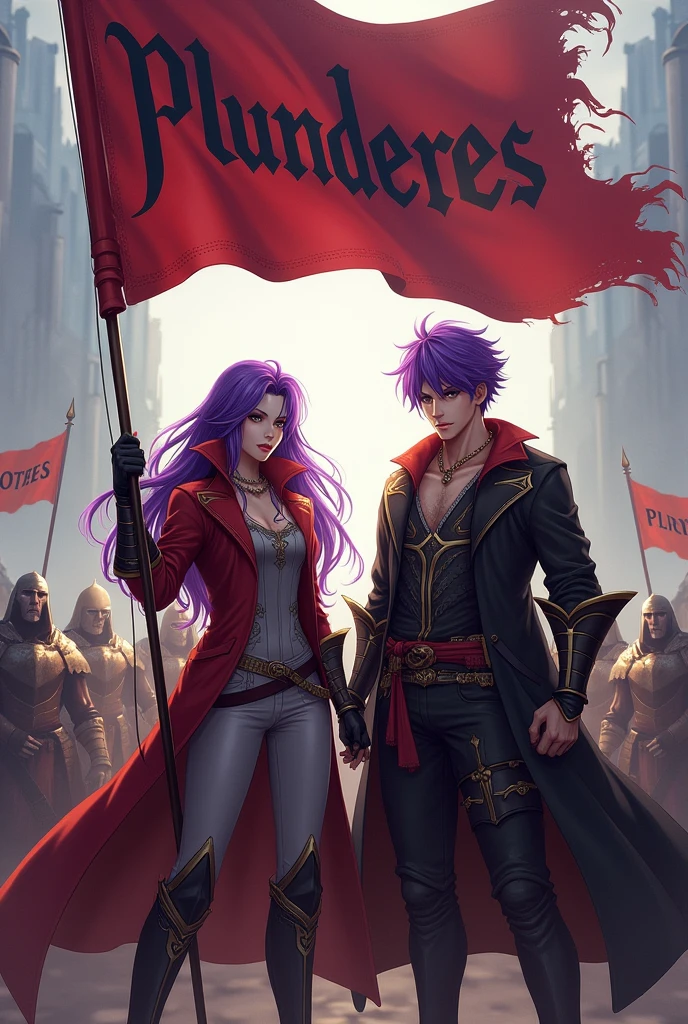 Two 15-year-old men with purple skin, ojos totalmente negros, and with red hair they make plans to deceive someone, de fondo se ve una ciudad romana antigua