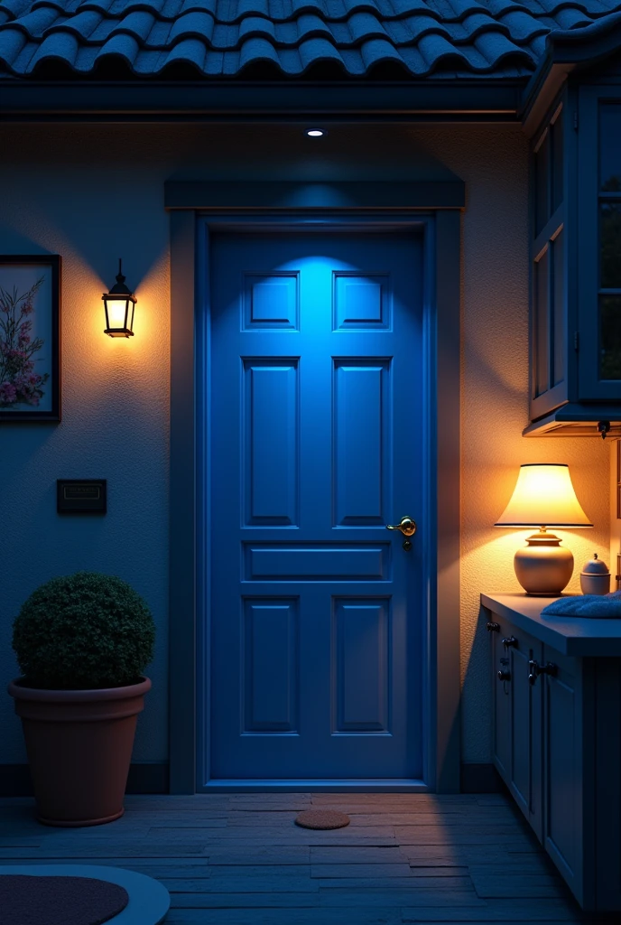 A blue door inside the house at night