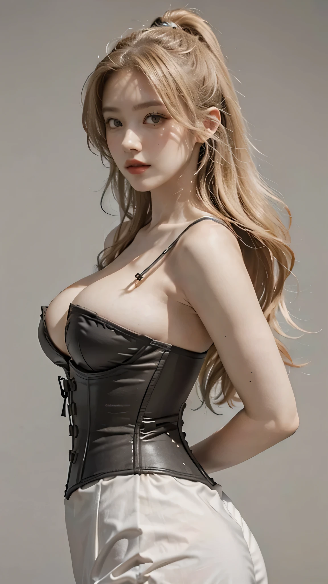 1girl, solo, looking at viewer, blonde long hair, wearing a corset, big ass, Big breast brown eyes, upper body, grey background, normal tits, lips, realistic, .