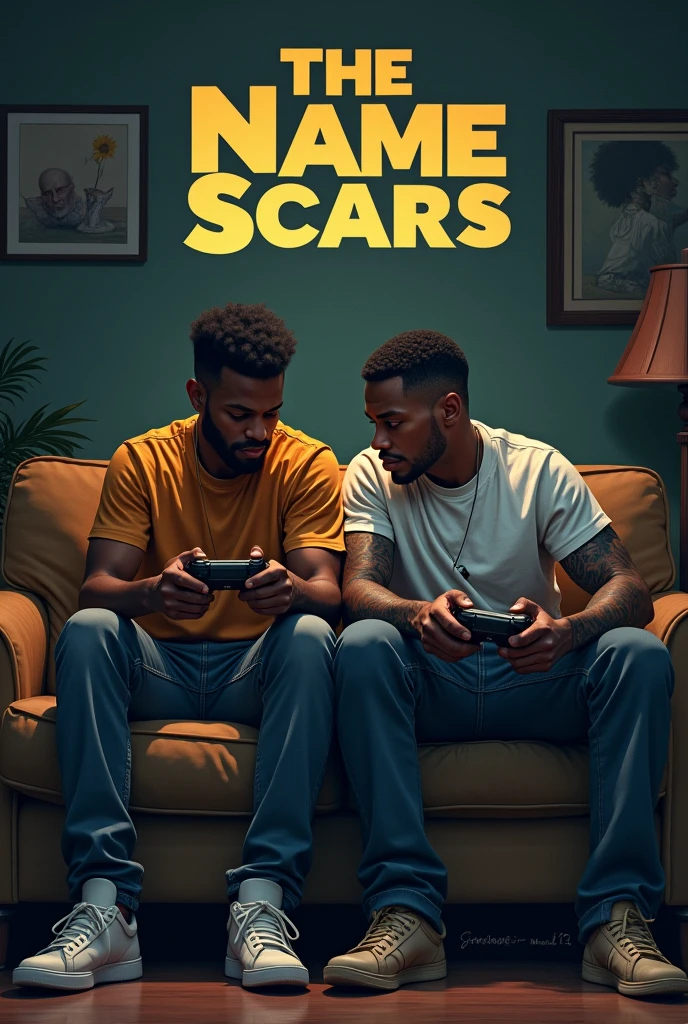 Create a music cover titled the name scars and in the image put a white man sitting on a couch and a black man sitting next to him with tattoos playing video games