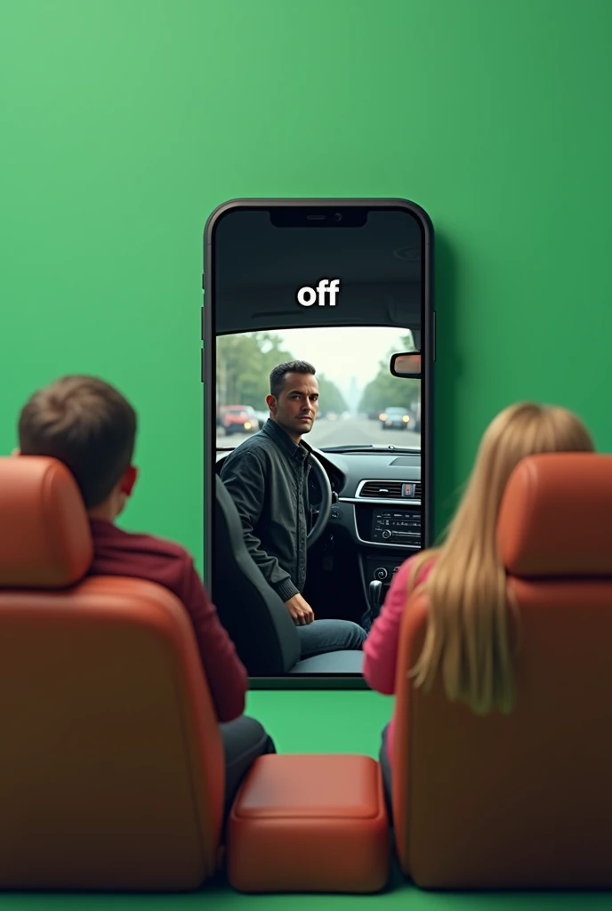 A 3D image of a cell phone, There are some car seats on the screen, the green screen, The word "off" On the screen, From the driver's seat a man getting out and in the seat a passenger surprised to see the driver leaving