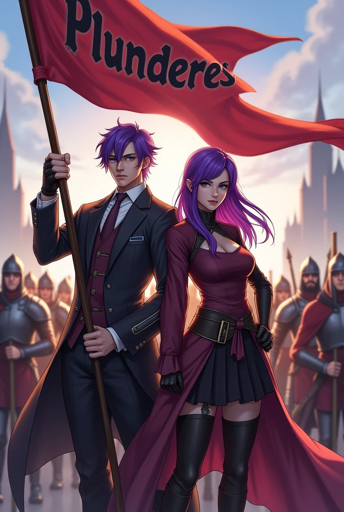 A purple haired man and a purple haired woman leader of a guild, holding the flag with the word Plunderes in his hands and behind him his army of warriors
