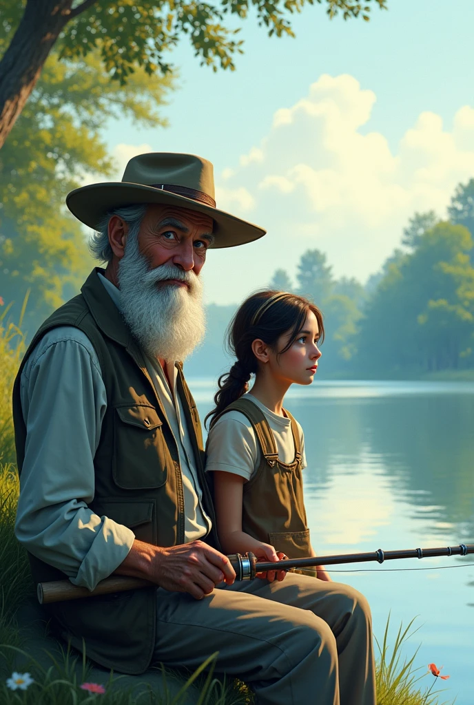 Create for me an elderly gentleman with a hat and blue eyes fishing with his teenage daughter