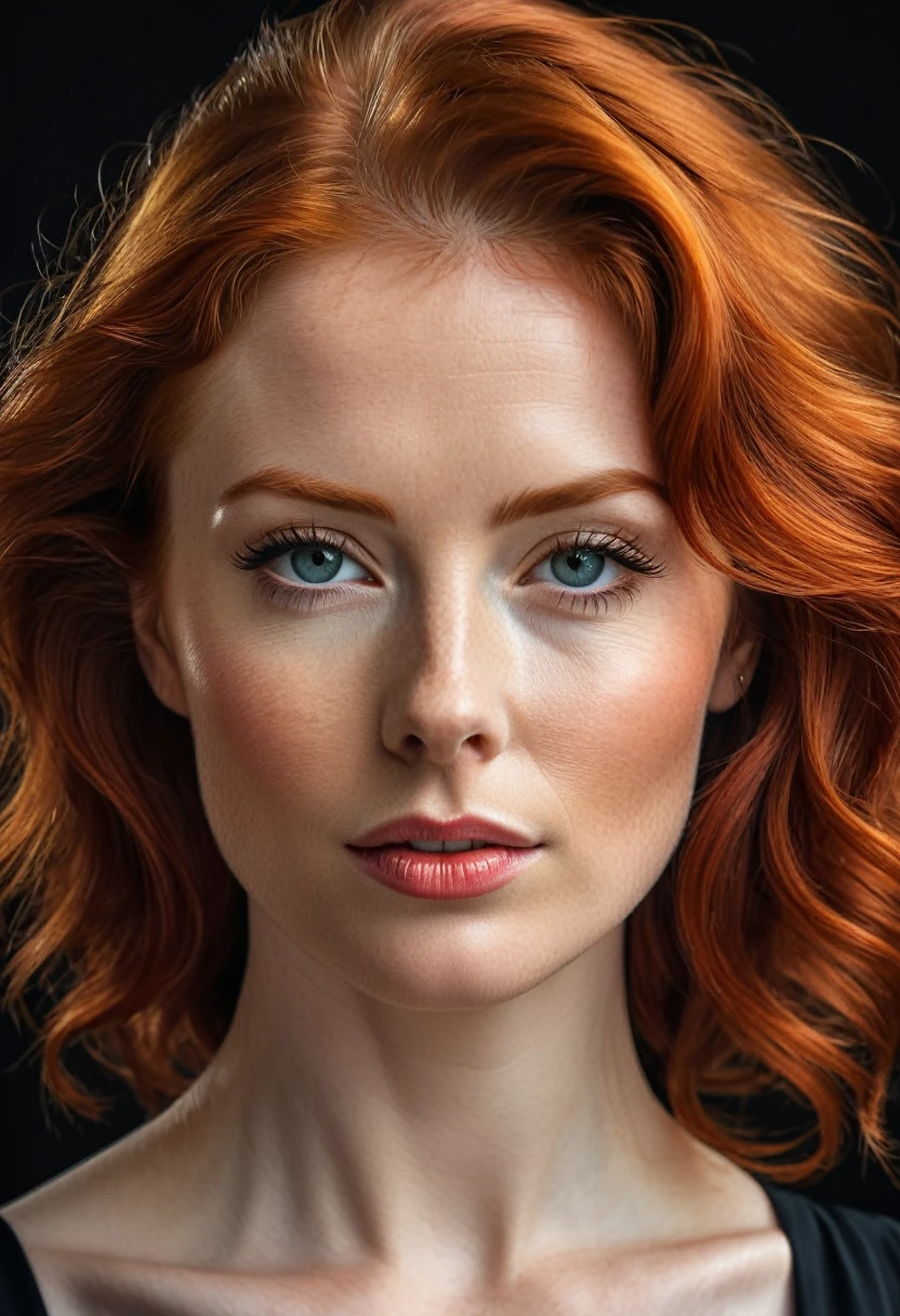((SFW)), ((45 years,)), (raw photo, Best Quality), (realist, photorealistic:1.1), Best Quality, masterpiece, beautiful and aesthetic, 16k, high contrast, (Vibrant color:1.3), masterpiece, high quality, realist aesthetic a beautiful woman, perfect red hair, with elegant neckline